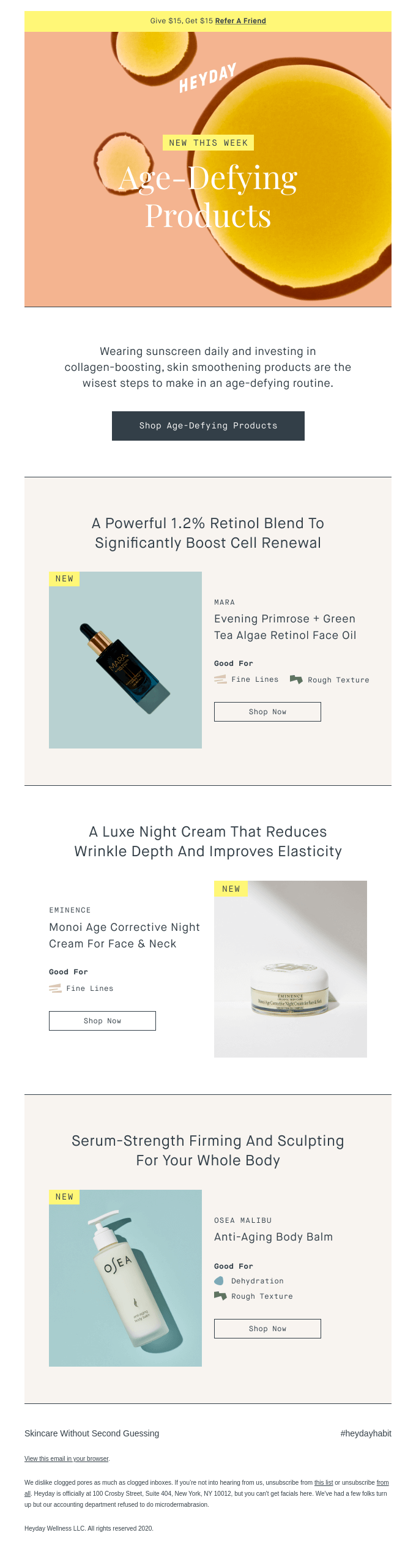 Email CTA: Screenshot of an email featuring “Age-Defying Products” with images and descriptions of three skincare items: a retinol serum in a blue bottle, a cream in a jar, and a white serum bottle, each described with benefits and prices.