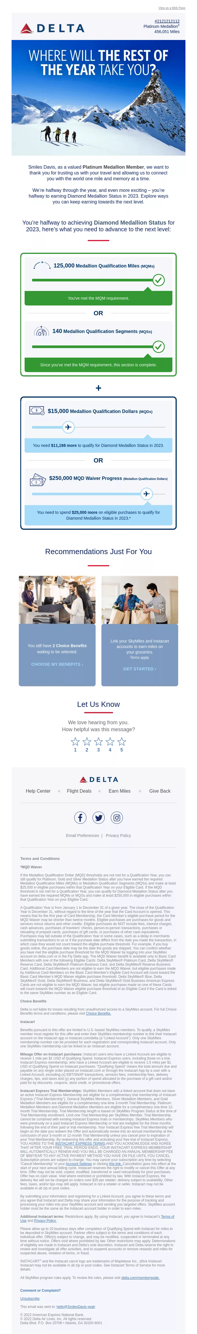 June newsletter ideas: Delta promotional email: Top image shows people hiking snowy mountains with text “Where will the rest of the year take you?” Below, checklists highlight booking, flight readiness, and travel info, followed by contact details and fine print.