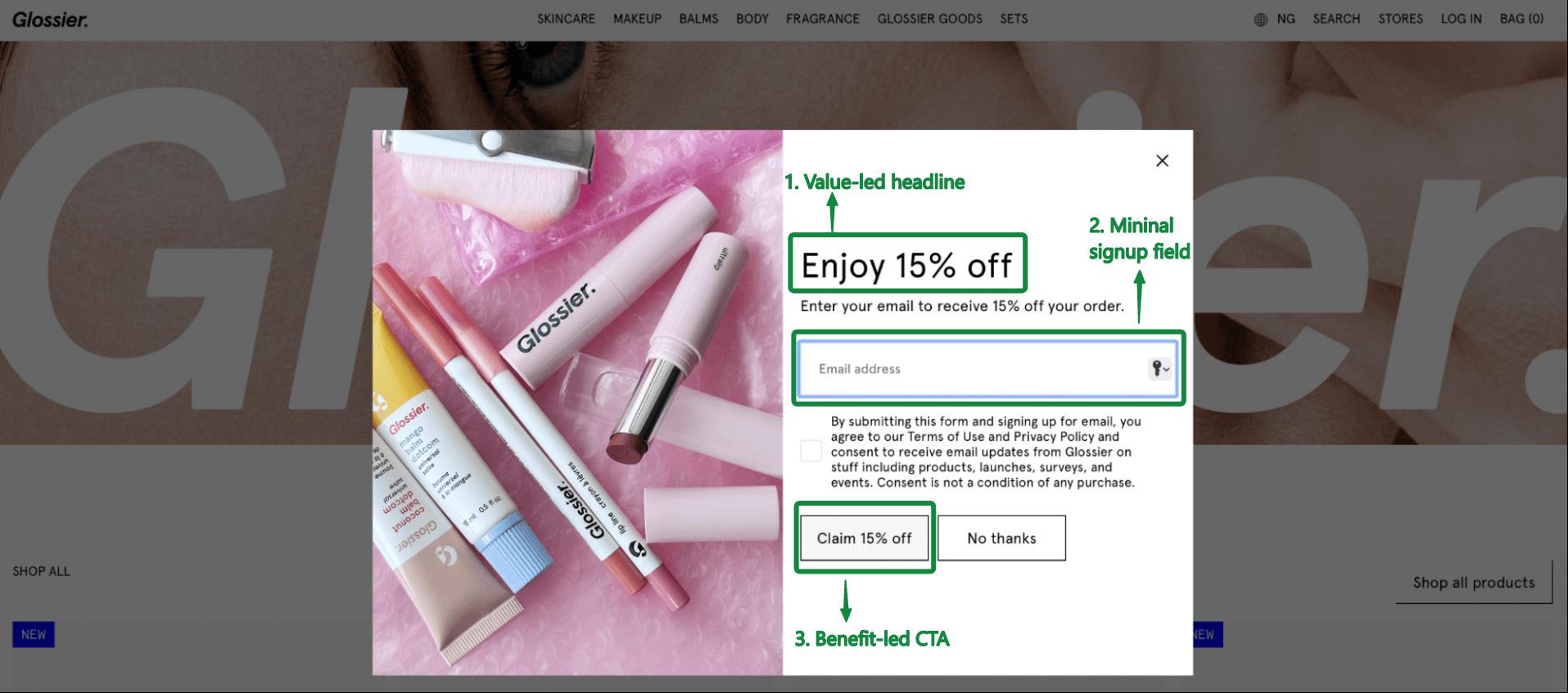 Opt-in email: A pop-up on the Glossier website offers Enjoy 15% off for entering an email. Various Glossier makeup products are displayed on the left. Numbered labels highlight the headline, signup field, and call-to-action button.