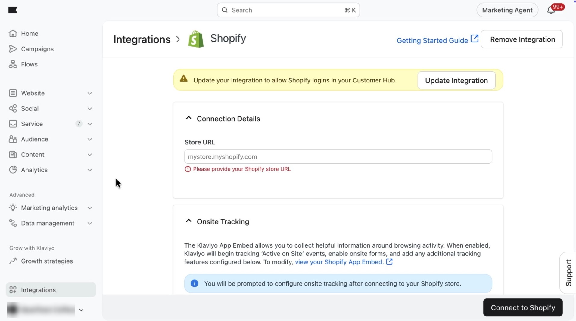 Klaviyo review pricing features: Shopify integrations page with a warning to update integration for Shopify logins. A red error asks for the store URL. Below, onsite tracking instructions and an explanation about Klaviyo App Embed are displayed.