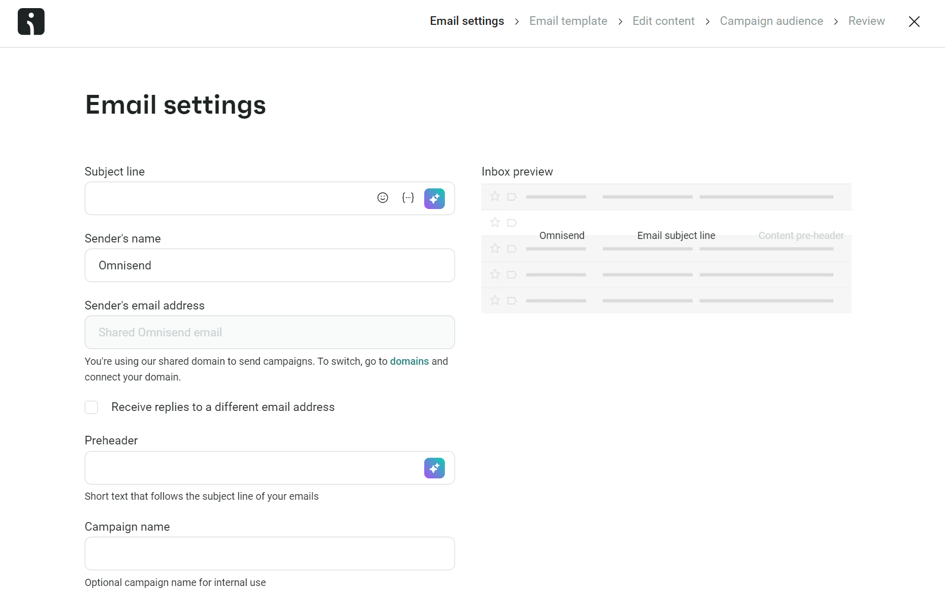 Noreply emails: A screenshot of an Email settings page showing fields for subject line, sender name, sender email address, preheader, and campaign name. An inbox preview appears on the right side of the screen.