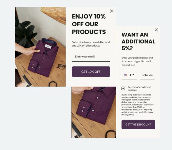 Email capture: A person folding a purple button-up shirt on a wooden table, next to pop-up ads offering 10% off for subscribing to a newsletter and an additional 5% off by entering a phone number.