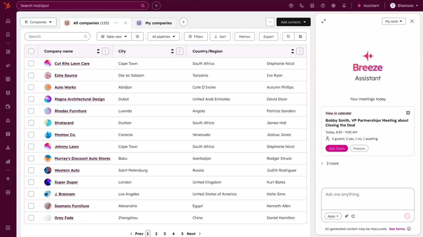 Campaign Monitor alternatives: A CRM dashboard displays a list of company names with details like city and country; on the right, a sidebar shows a meeting event with options to join, invite, and chat, branded with Breeze Assistant.