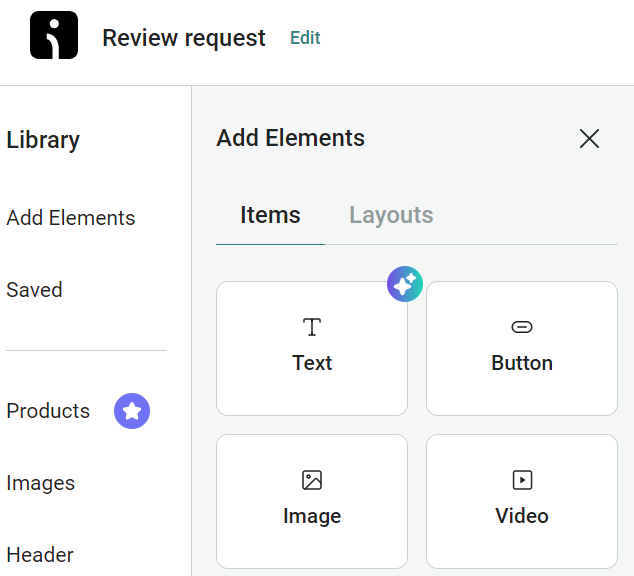 Video email marketing: Screenshot of a web interface titled Review request. The Add Elements menu shows options for Text, Button, Image, and Video. Products in the sidebar is highlighted with a star icon.