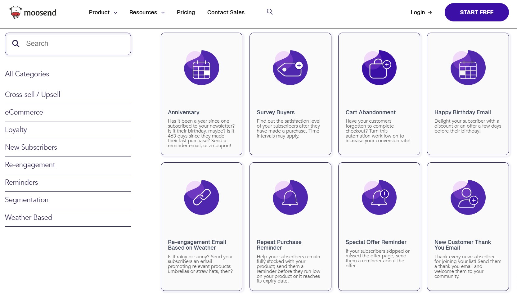 Brevo alternatives: A dashboard for Moosend displays various email marketing automation templates, such as Anniversary, Survey Buyers, Cart Abandonment, Happy Birthday Email, Re-engagement by Weather, Repeat Purchase Reminder, and Special Offer Reminder.