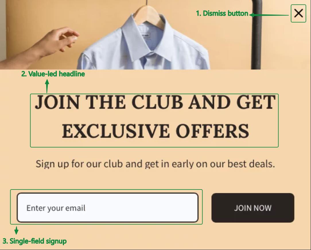 Opt-in email: A popup on a shopping site displays a blue shirt on a hanger, a headline reading Join the club and get exclusive offers, an email signup box with Enter your email, and a black Join Now button with green labels marking each section.