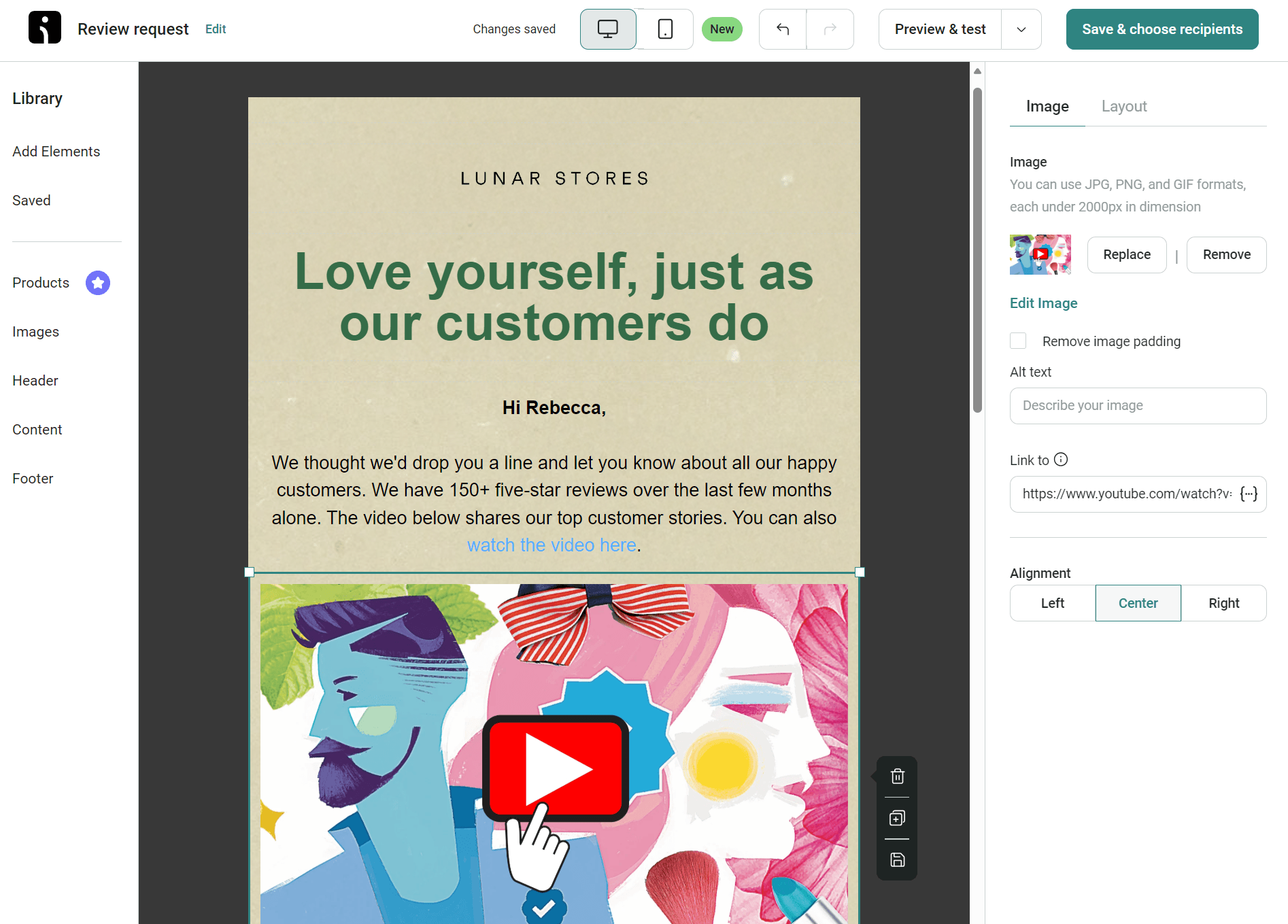Video email marketing: Screenshot of a webpage editor showing an email template for Lunar Stores with the text Love yourself, just as our customers do. Below is a colorful illustration of two people and a large play button indicating a video.