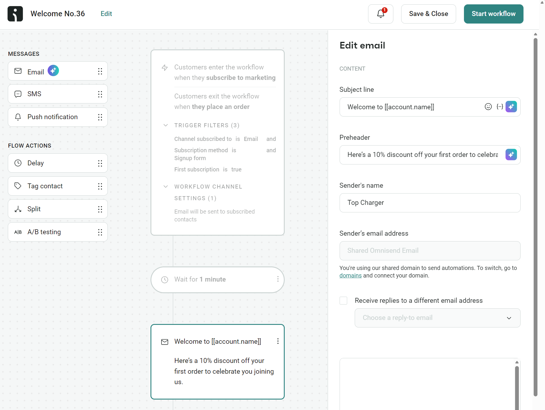 Noreply emails: A workflow automation interface showing an email setup. On the right, fields for subject line, preheader, sender name, and email content are visible. On the left, channels like Email, SMS, and Push notification are listed.