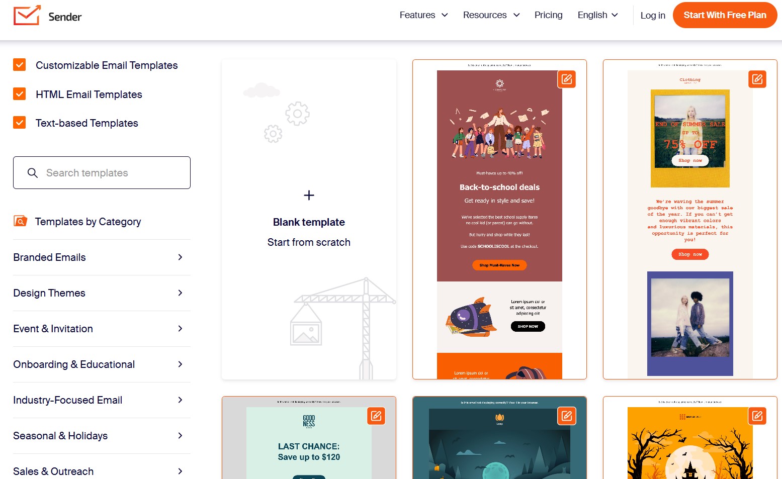 Brevo alternatives: A webpage displays customizable email templates. On the left, there are template categories in a sidebar. In the main area, preview thumbnails of various colorful email templates are shown, including options for school deals and discount offers.