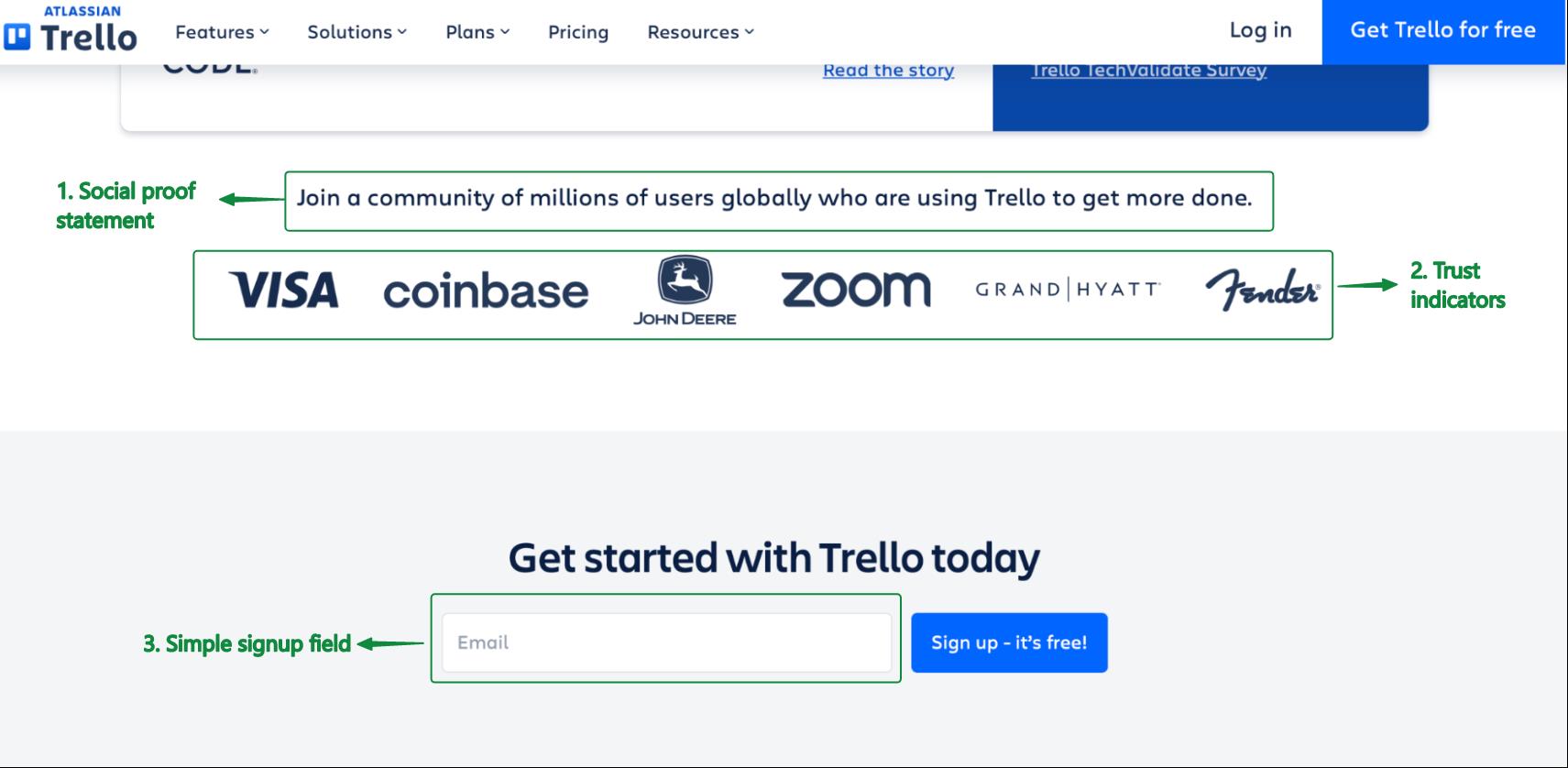 Opt-in email: Screenshot of Trello’s signup page highlighting a social proof statement, logos of trusted companies, and a signup form with an email field and a blue “Sign up – it’s free!” button.