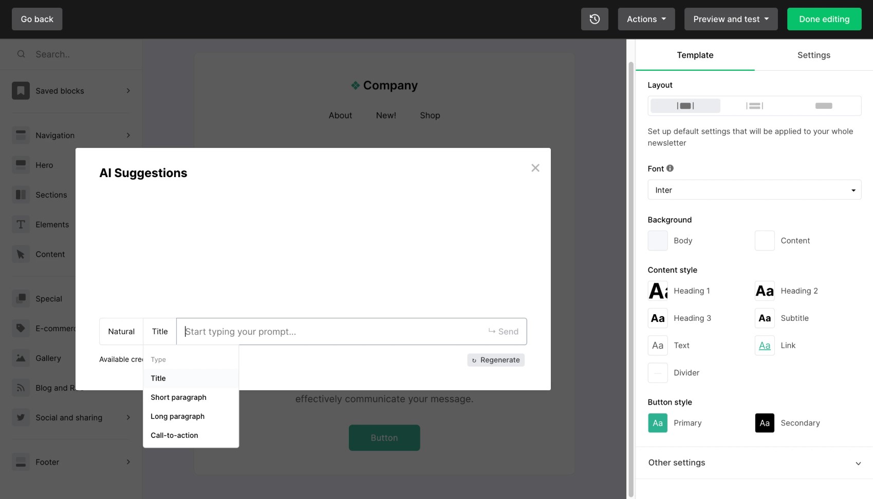 Campaign Monitor alternatives: A website editor interface with an AI Suggestions popup in the center, offering options like Short paragraph, Long paragraph, and Call-to-action. Editing tools and layout options are visible on the right side.