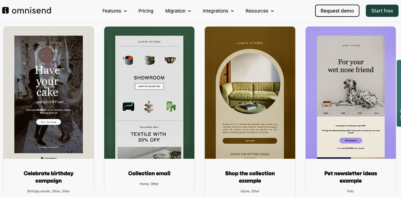 Email automation examples: A screenshot of Omnisends website showing four colorful email templates: a birthday campaign, a collection email, a collection example, and a pet newsletter with a dog, each with sample text and images.
