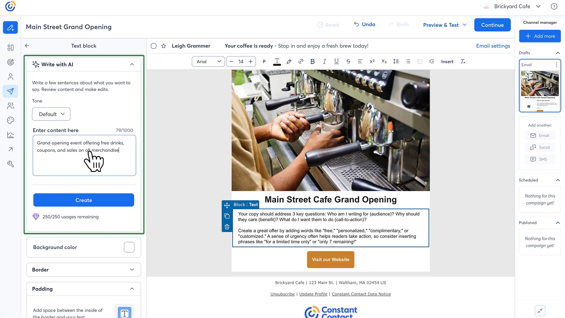Campaign Monitor alternatives: A person operates a commercial espresso machine, making coffee. The screen shows an email editor with a template titled Main Street Cafe Grand Opening featuring a coffee image, customizable text, and editing options.