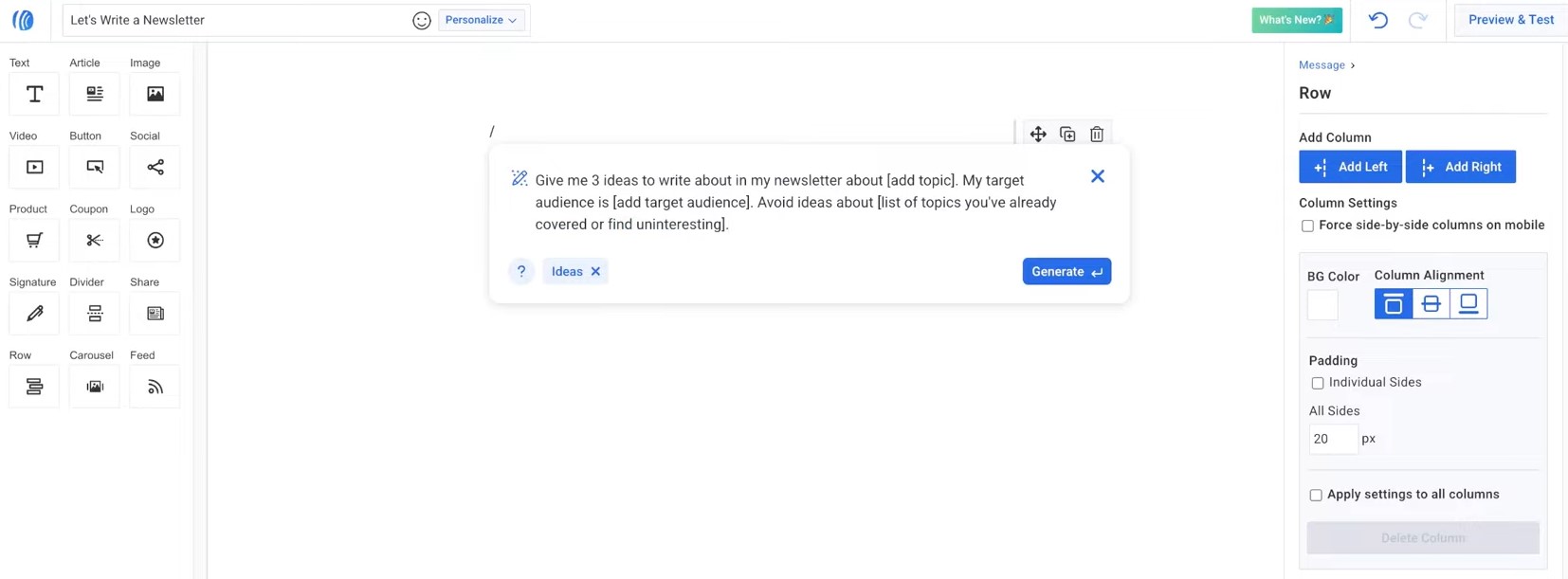 Campaign Monitor alternatives: A screenshot of an email newsletter editor, showing the workspace with design tools on the left, a text box in the center with a newsletter prompt, and column customization options on the right.