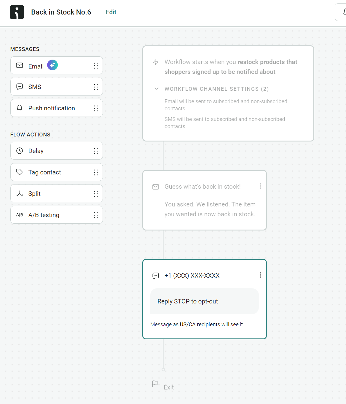 Email automation triggers: A workflow diagram in an email and SMS platform shows steps to notify shoppers when products are restocked, including email, SMS, push notification, delay, split, and A/B testing options, plus a sample SMS message.