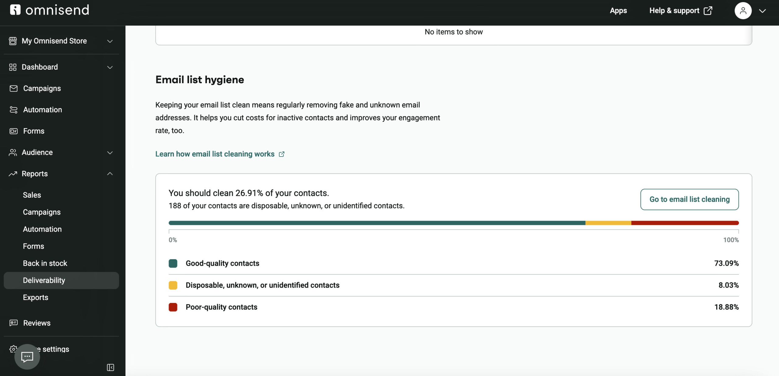 Email list cleaning: A dashboard from Omnisend shows an email list hygiene report. A bar indicates 26.91% of contacts are disposable, unknown, or unidentified, and 73.09% are good-quality contacts. Tabs and menu are visible on the left.