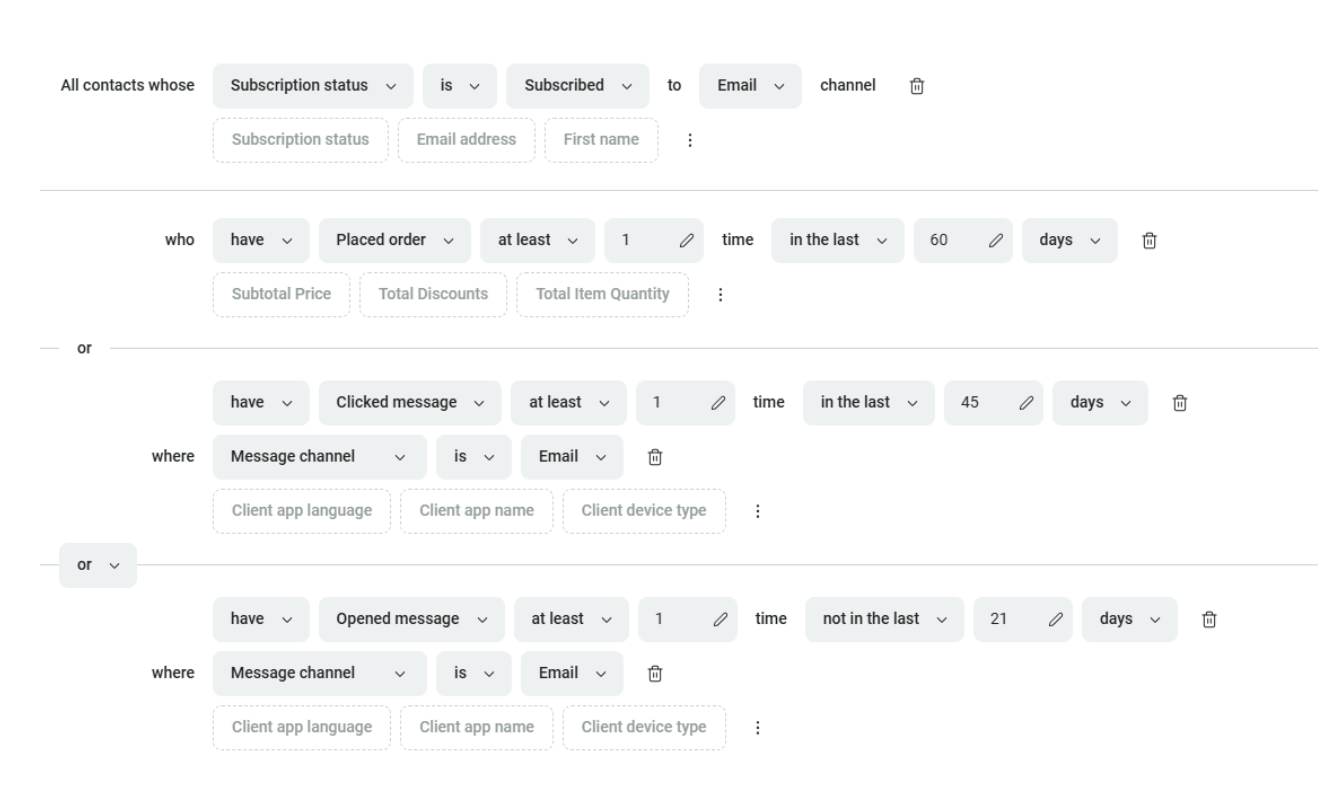 Email list management: A filter builder interface showing conditions for email campaigns: users who have ordered or engaged by clicking or opening emails within specific timeframes. Multiple drop-down menus and filter options are visible.