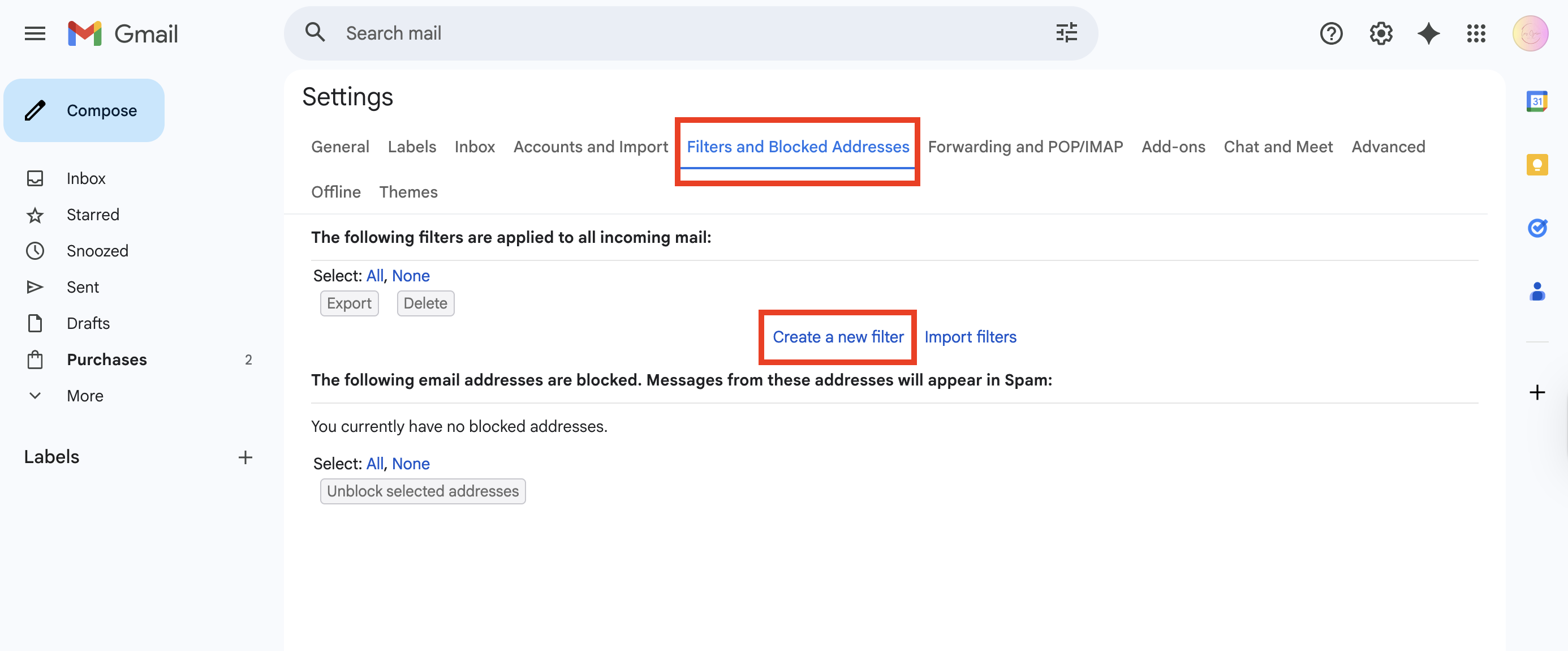 How to whitelist an email address: Gmail settings screen showing the Filters and Blocked Addresses tab, with red boxes highlighting the tabs name and the Create a new filter link. No blocked addresses are currently listed.