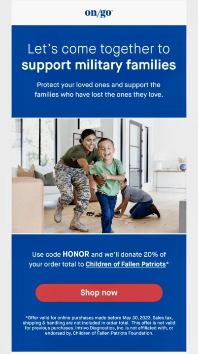 Memorial Day subject lines: A smiling woman and child play together in a living room. The image promotes supporting military families, with a message offering a 20% donation to Children of Fallen Patriots for orders using code HONOR.