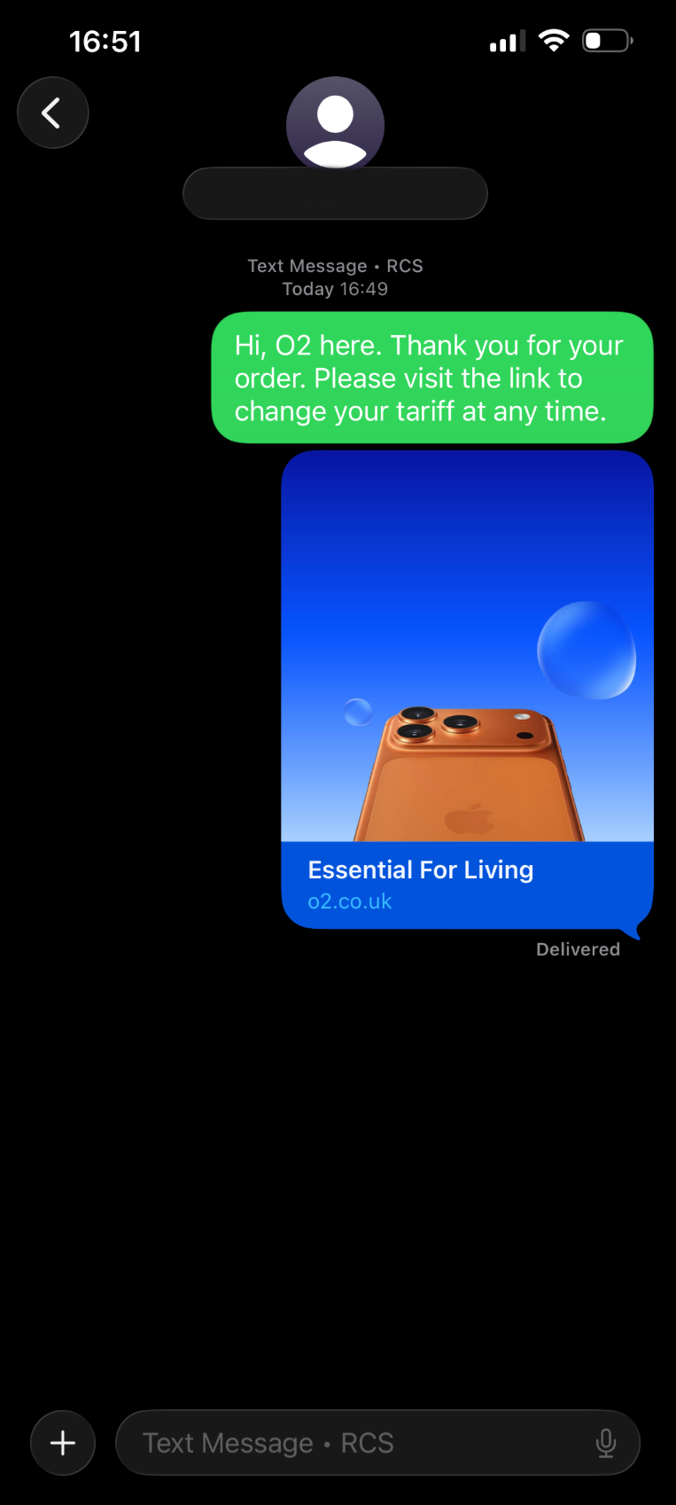 How to send a link in a text: A phone screen shows a text from O2 about an order, with a link to change tariff, and an image of an orange iPhone 13 Pro with the text “Essential For Living” and the website “o2.co.uk” below.