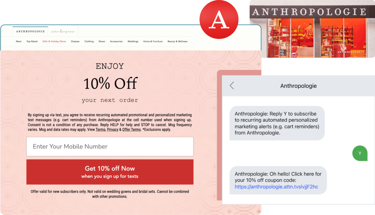 SMS opt-in message examples: A screenshot shows Anthropologies website offering 10% off for signing up with a mobile number, the stores logo, an image of the storefront, and a phone screen displaying a text coupon from Anthropologie.