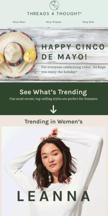 May newsletter ideas: Threads 4 Thought Cinco de Mayo promo with a sombrero, maracas, holiday greeting, and “See What’s Trending” section featuring a woman in a white top under the text “Trending in Women’s: LEANNA.”.