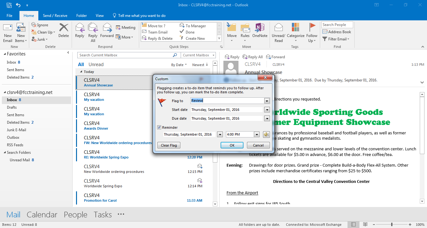 How to bump an email: Screenshot of Microsoft Outlook inbox with a Custom flagging dialog box open. The dialog sets a follow-up flag for an email with start and due dates, reminder time, and options to clear or confirm. Inbox messages are visible in the background.