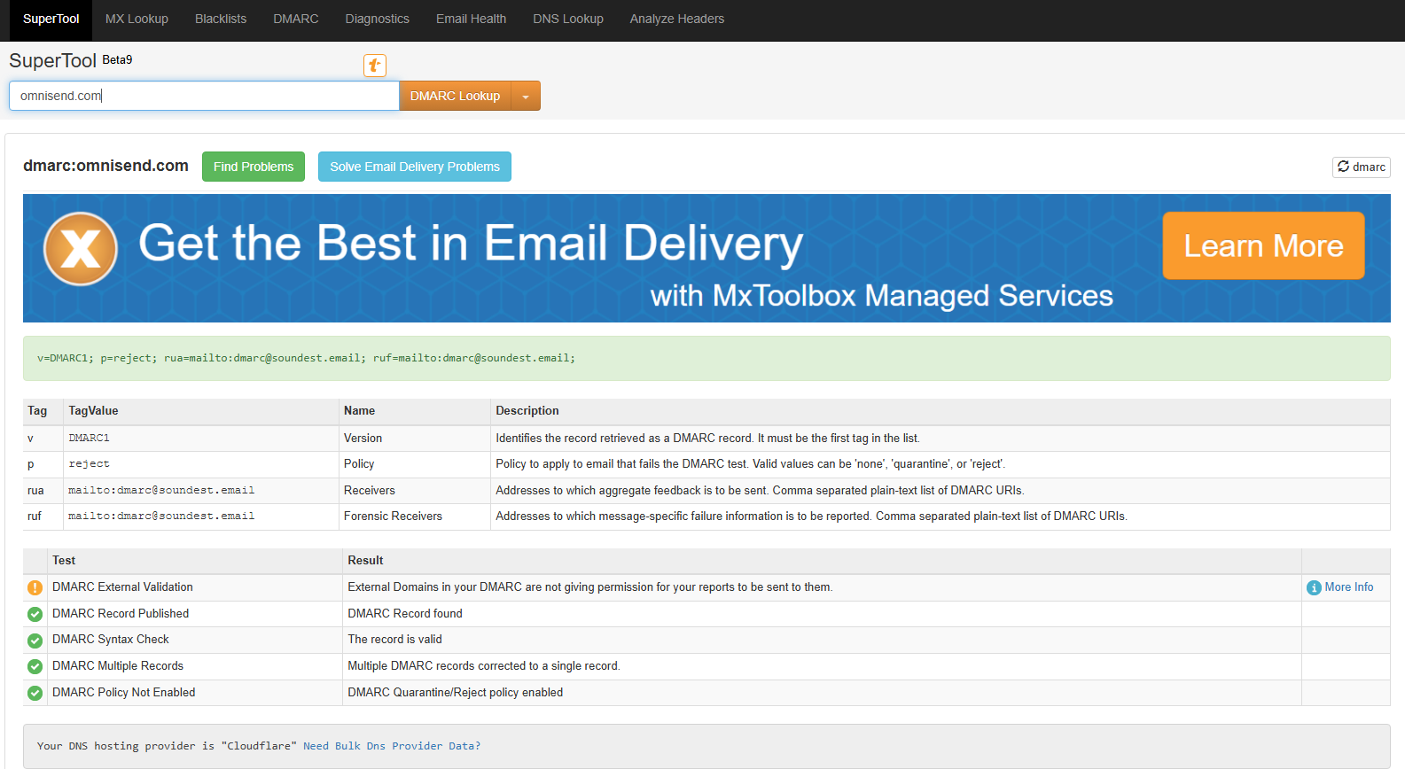 Fake order confirmation: Screenshot of the MxToolbox DMARC SuperTool showing results for “omnisend.com”. The page lists DMARC record details, tags, and descriptions, with a blue email delivery ad at the top.
