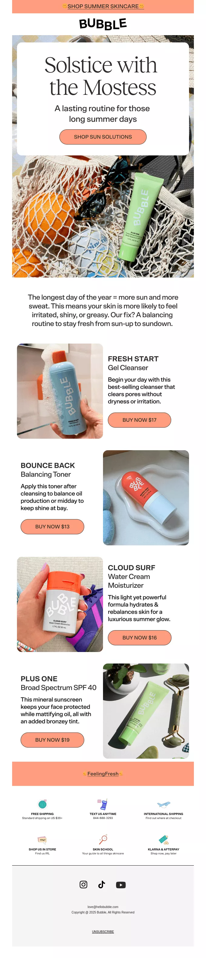 June newsletter ideas: An email newsletter from BUBBLE featuring a summer skincare routine with products like Fresh Start cleanser, Bounce Back toner, Cloud Surf moisturizer, Plus One SPF 40, and a green facial roller.