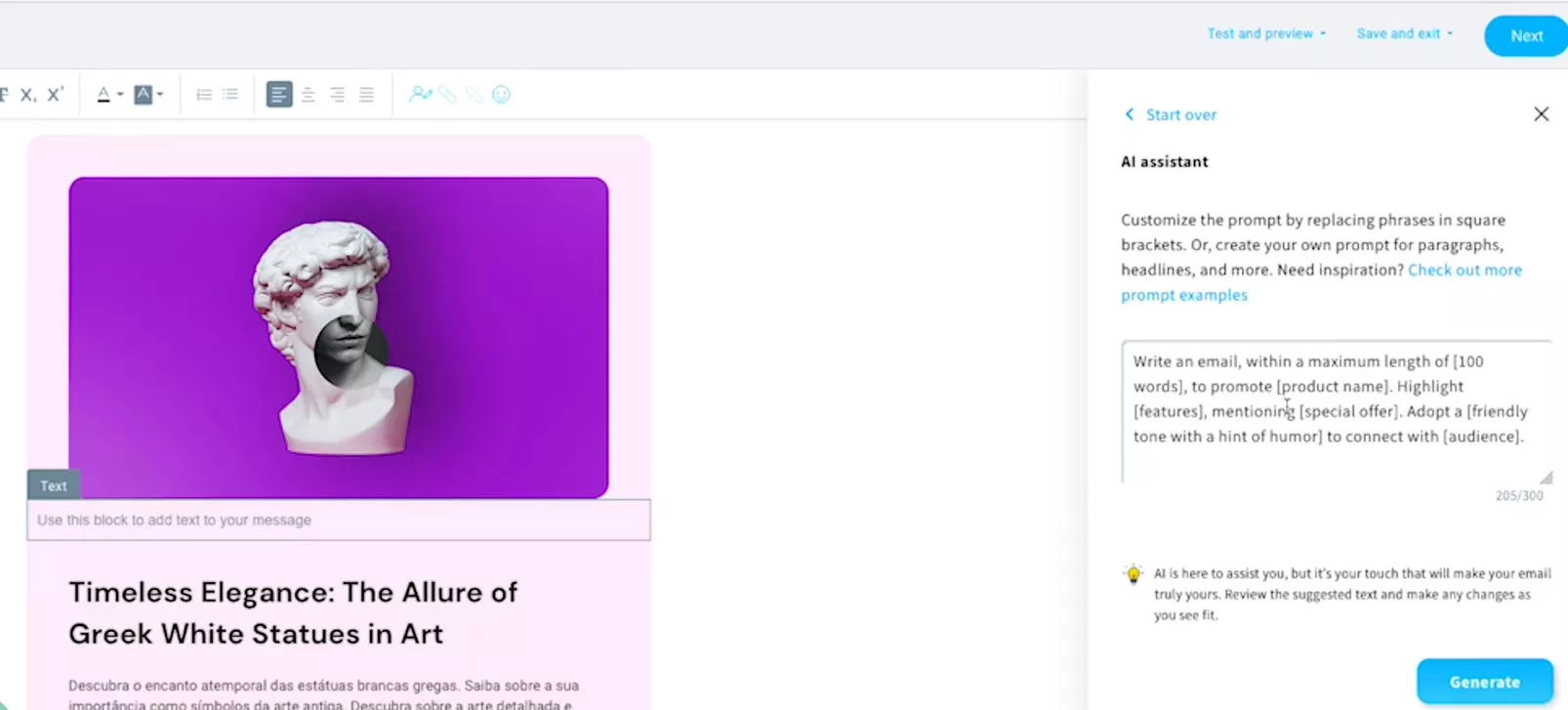 Campaign Monitor alternatives: A computer screen displays a design editor with a section showing a Greek statue bust on a purple background, accompanied by a text block titled Timeless Elegance: The Allure of Greek White Statues in Art.