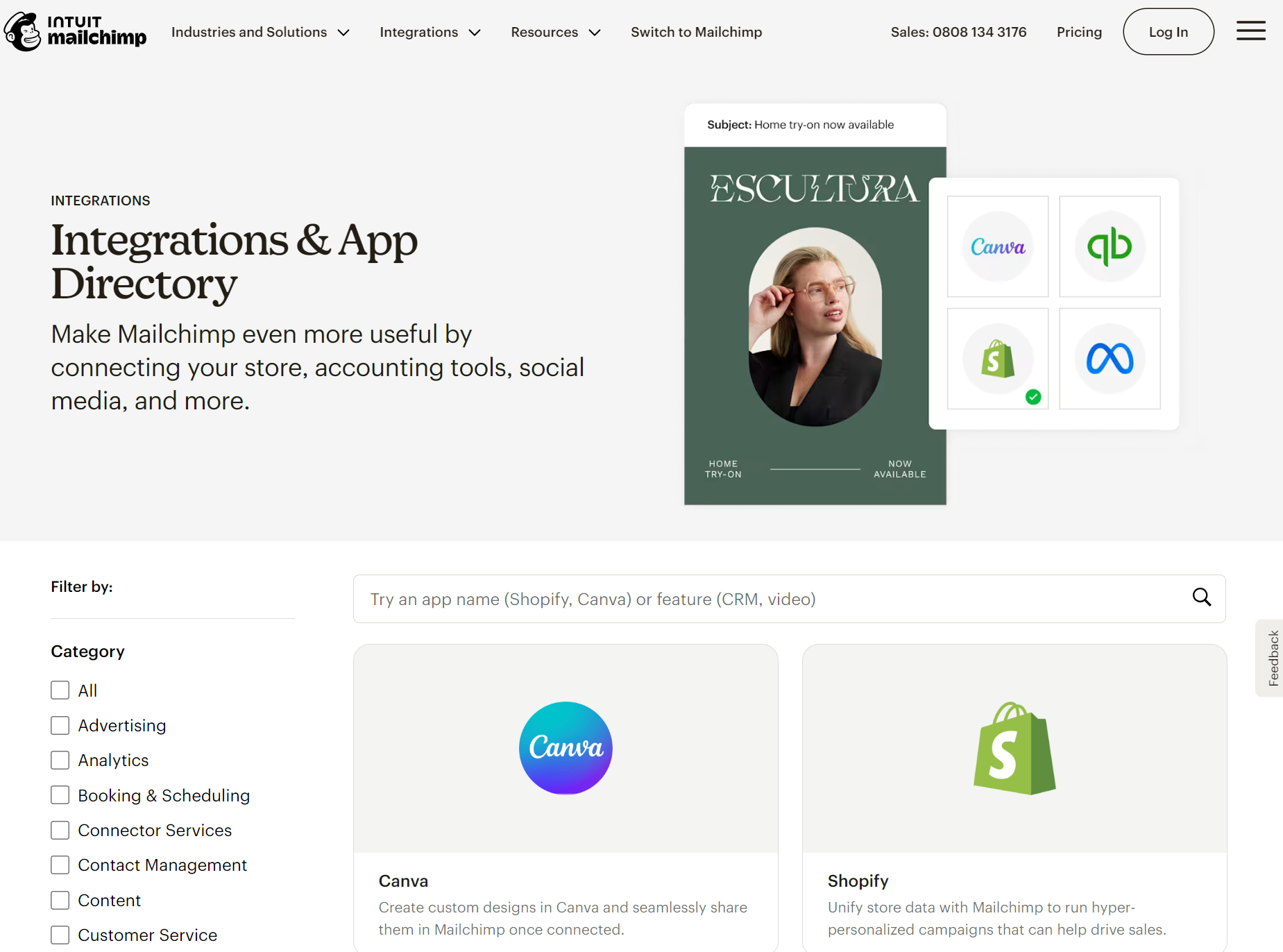 Klaviyo vs. Mailchimp: Screenshot of Mailchimp’s Integrations & App Directory page, showing integration options like Canva, QuickBooks, and Shopify, with filter categories and descriptions for each integration.