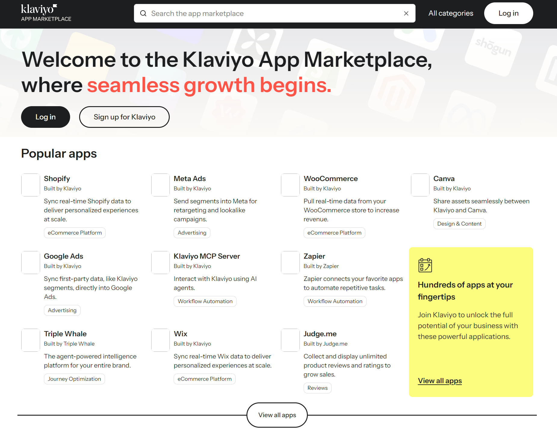 Klaviyo vs. Mailchimp: Screenshot of the Klaviyo App Marketplace homepage, displaying a welcome message, a search bar, and a grid of popular app cards, plus a highlighted box promoting app integration benefits on the right.