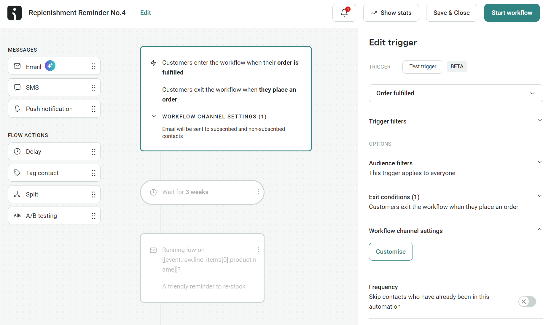 Email automation triggers: A workflow creation interface for a replenishment reminder displays trigger settings, email selection, and flow actions. The main trigger is set to start when a customers order is fulfilled. Options to customize are visible on the right.