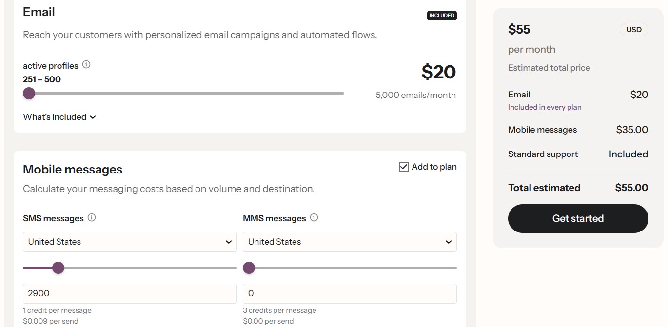 Klaviyo review pricing features: A pricing calculator interface displays email and mobile message options. Email is $20 for 251-500 profiles. Mobile messages show costs for SMS and MMS in the US. The total estimated cost is $55 per month. A Get started button is on the right.