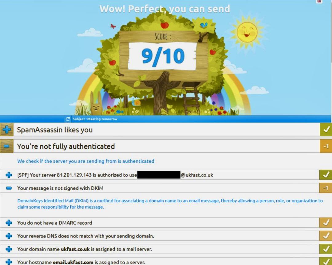 WordPress emails going to spam: A colorful email score report with a cartoon tree and sun, displaying a score of 9/10. Below, a checklist shows authentication and email security issues, with some green checkmarks and several yellow warning icons.