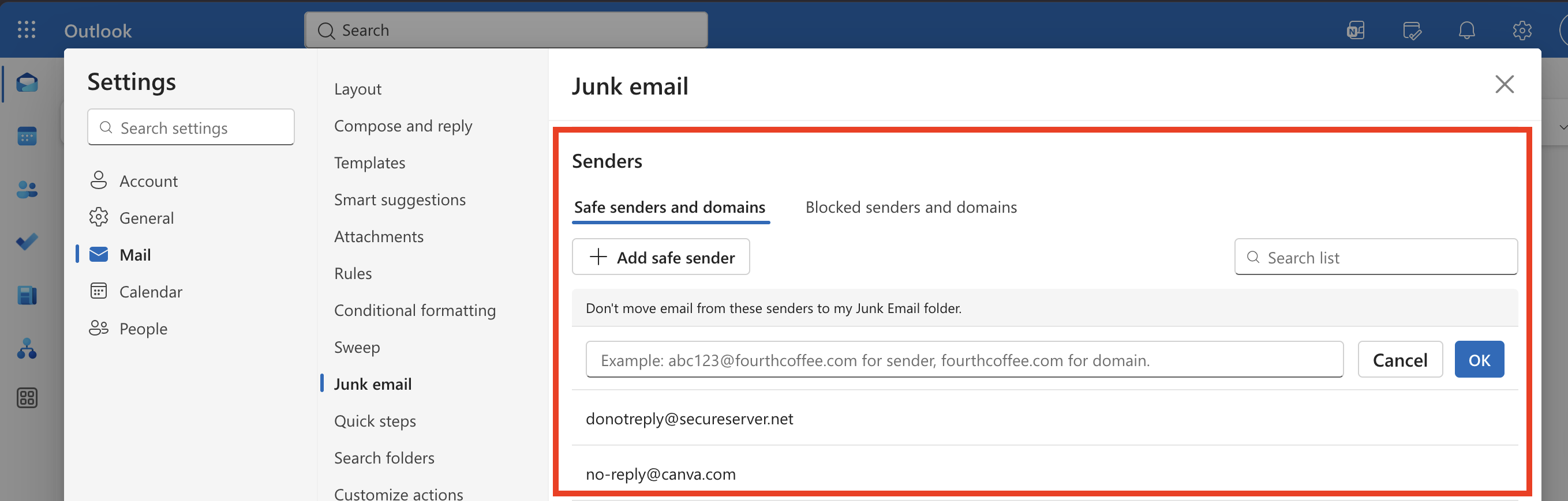 How to whitelist an email address: Screenshot of the Junk email settings in Outlook, showing the Safe senders and domains section with options to add safe senders and a list of two example email addresses.