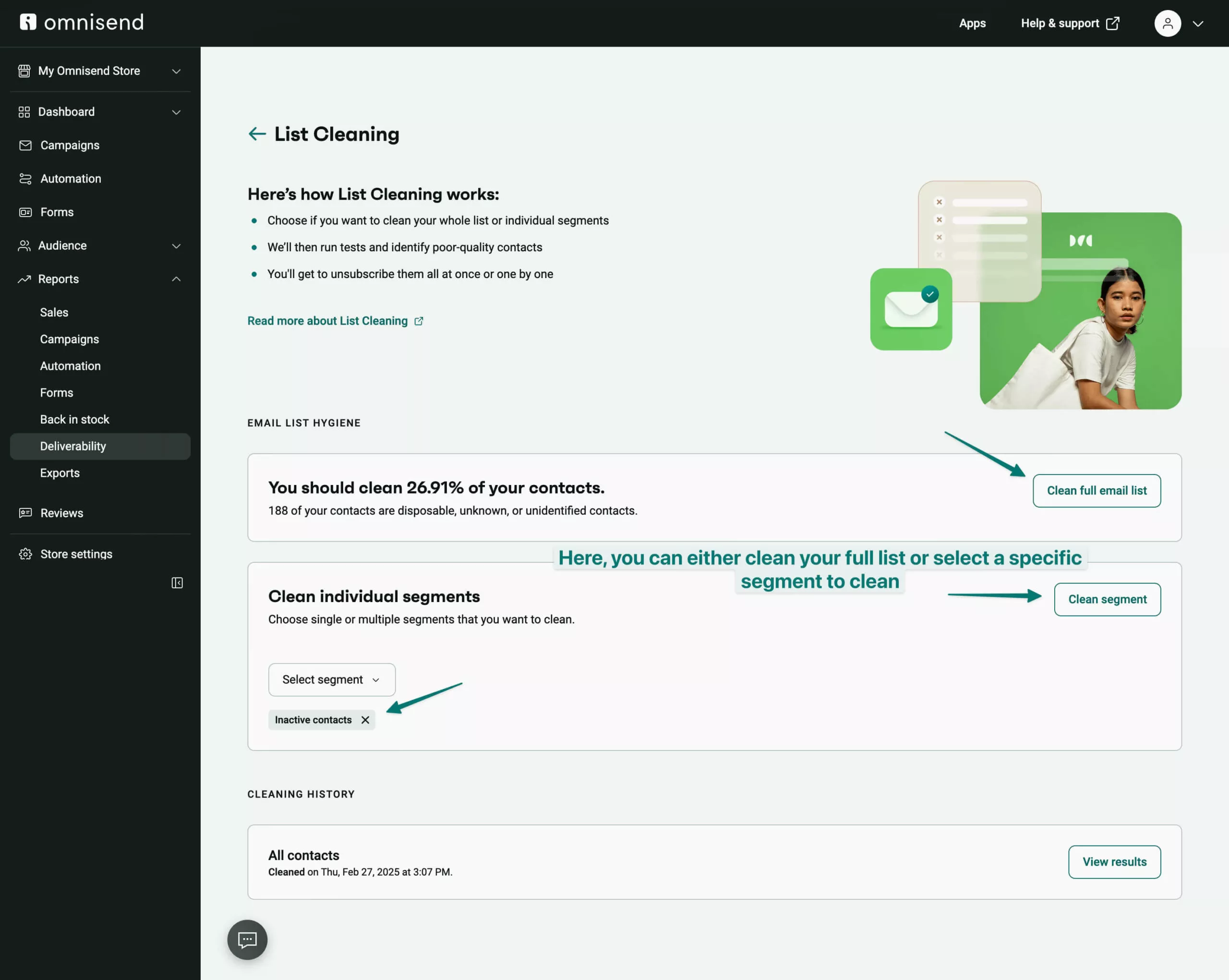 Email list cleaning: Screenshot of Omnisend’s List Cleaning page, showing options to clean a full email list or individual segments, with instructional arrows and a photo of a woman in a green shirt on the right.