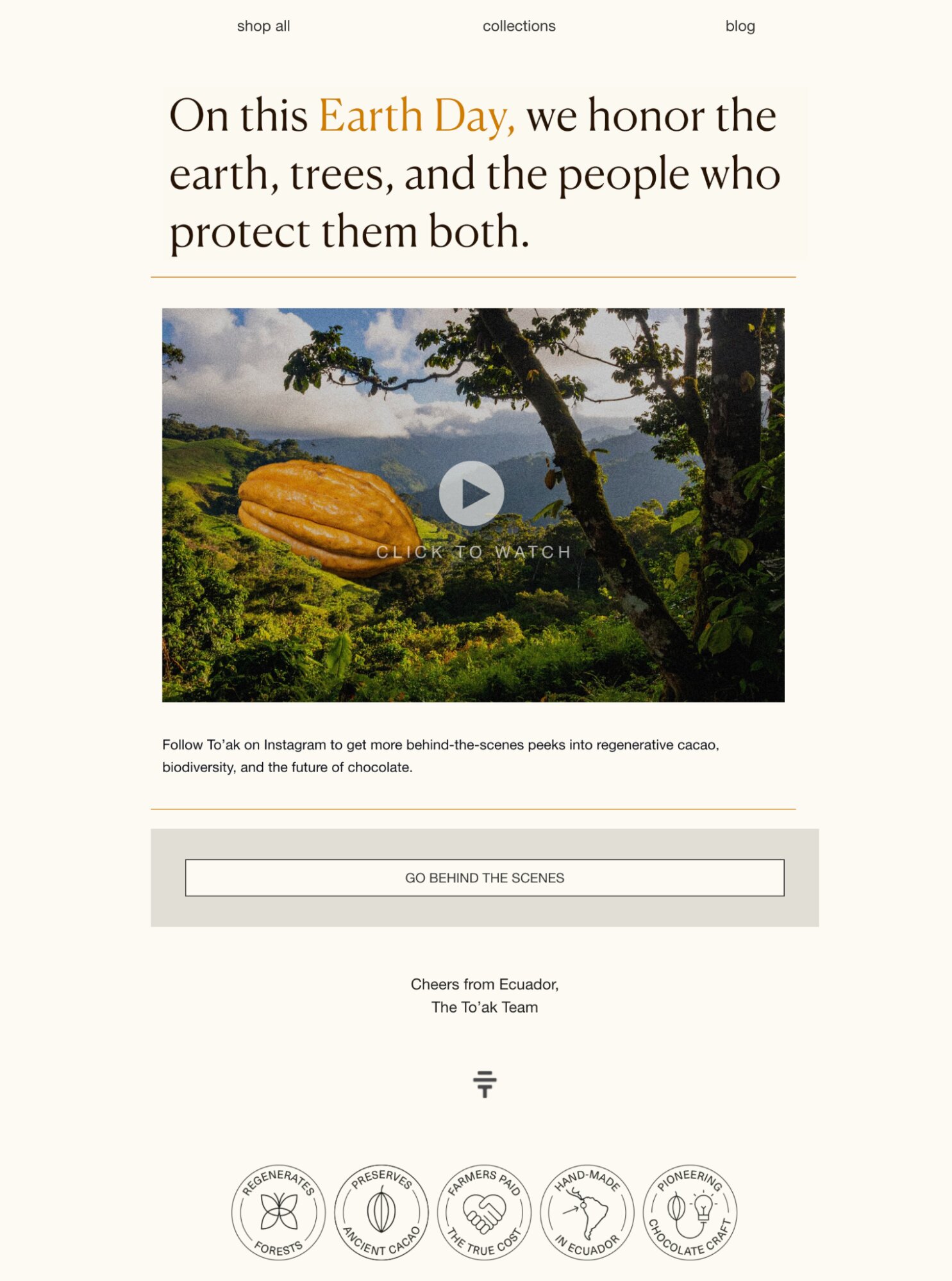Newsletter design: A webpage for Earth Day features a large cocoa pod on a tree in a lush forest, a play button overlay, and text honoring the earth and its protectors. Buttons and icons about sustainability appear below.