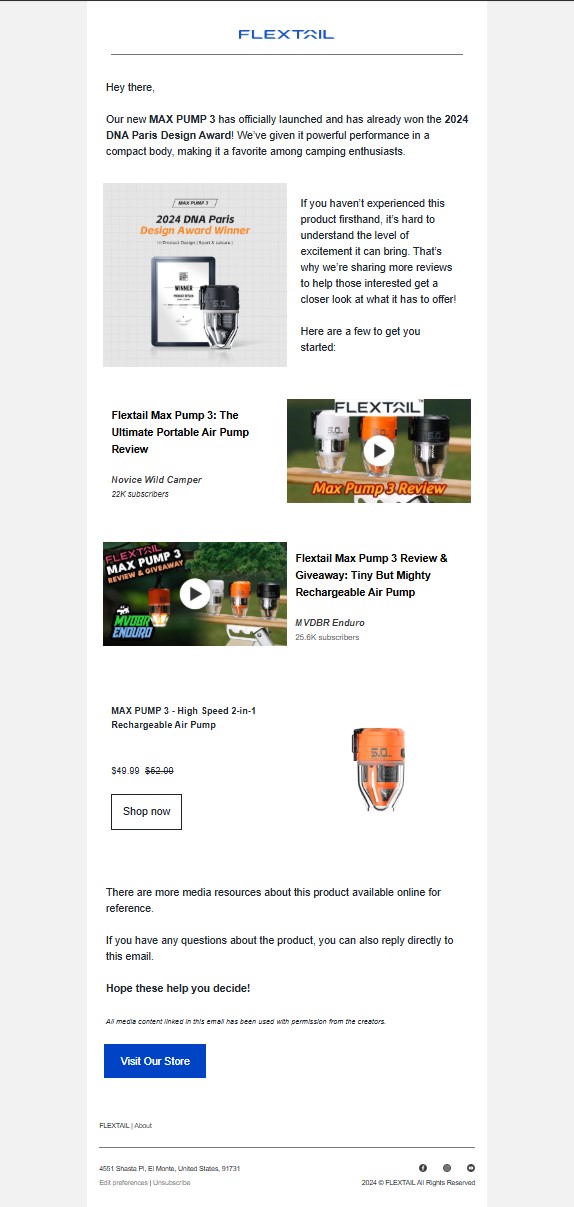 May newsletter ideas: Screenshot of a product announcement email from FLEXTAIL about the new MAX PUMP 3 portable air pump, featuring product images, reviews, award badge, pricing, and buttons to purchase or learn more.