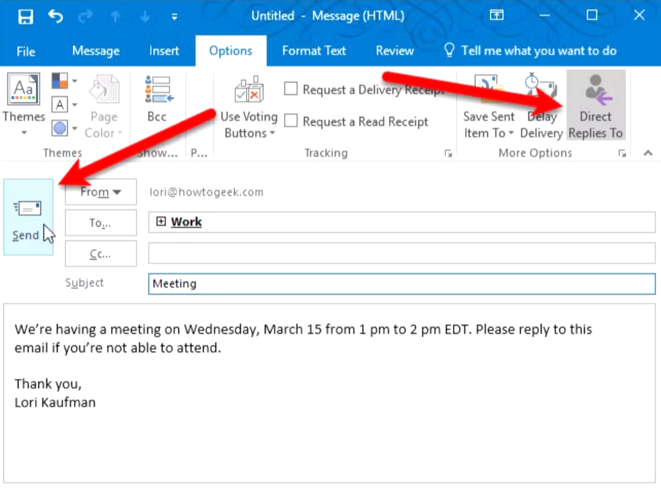 How to bump an email: Screenshot of an Outlook email being composed, with red arrows pointing to the “From” dropdown menu and the “Save Sent Item To” option in the ribbon. A meeting invitation is written in the email body.
