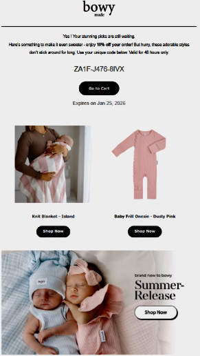 Email automation examples: A promotional email from bowy made features a discount code, two baby products—a knit blanket and a footall onesie—and a summer release ad with two sleeping babies wearing knit hats and swaddles.