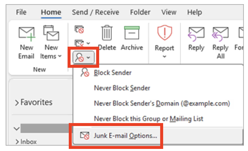 How to whitelist an email address: Screenshot of an email applications Home tab, with the Junk dropdown menu open showing options like Block Sender and Junk E-mail Options highlighted in red boxes.