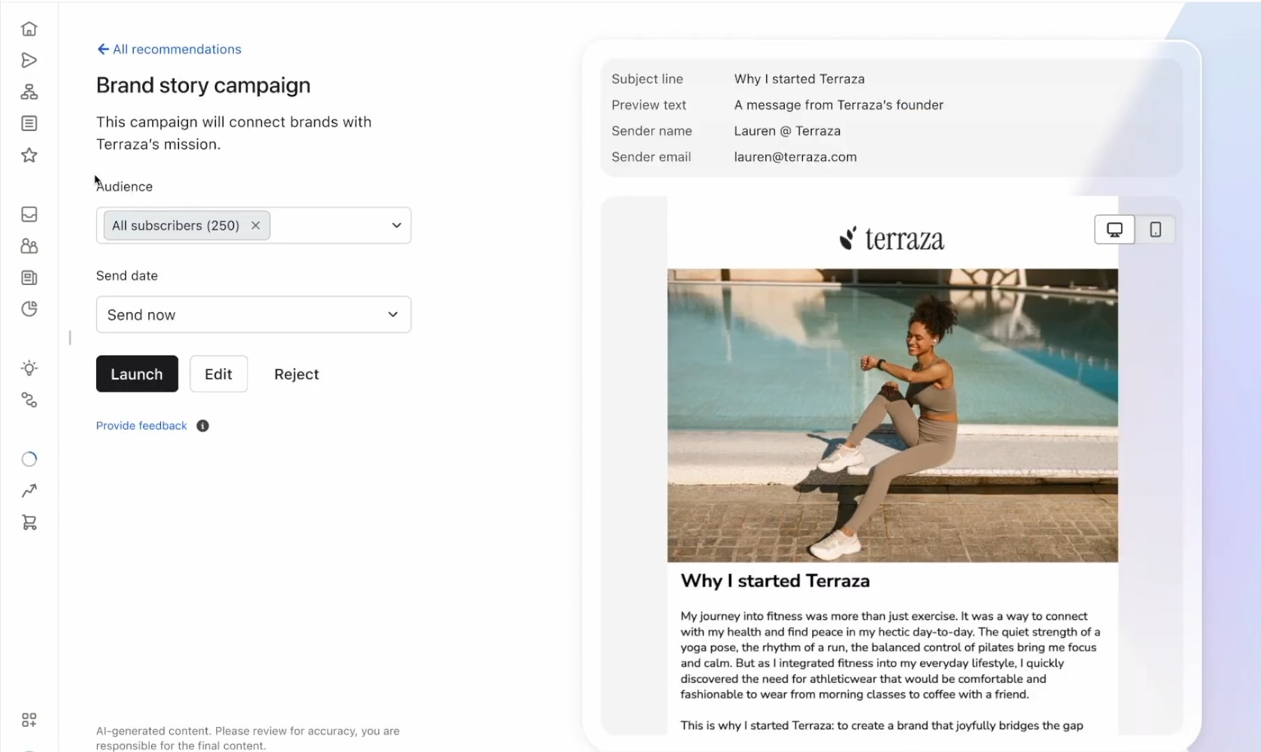 Campaign Monitor alternatives: A computer screen displays an email campaign builder. The left panel shows options to select audience, send date, and buttons for launch, edit, and reject. The right panel previews an email titled Why I started Terraza with an image of a smiling woman.
