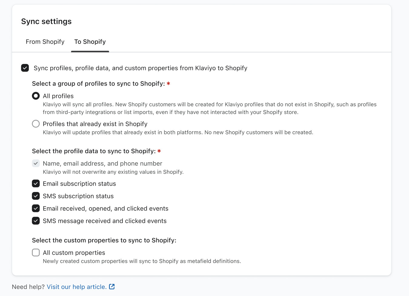 Klaviyo vs GetResponse: Screenshot of the Sync settings page showing options for syncing profiles, profile data, and custom properties from Klaviyo to Shopify, with radio buttons and checkboxes for configurable sync preferences.