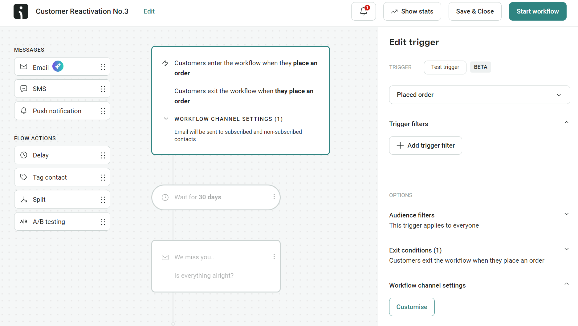 Email automation triggers: Screenshot of a customer reactivation workflow setup. Email is selected as the message channel. The trigger is set to “Placed order.” The right panel shows trigger details, audience filters, and exit conditions options.