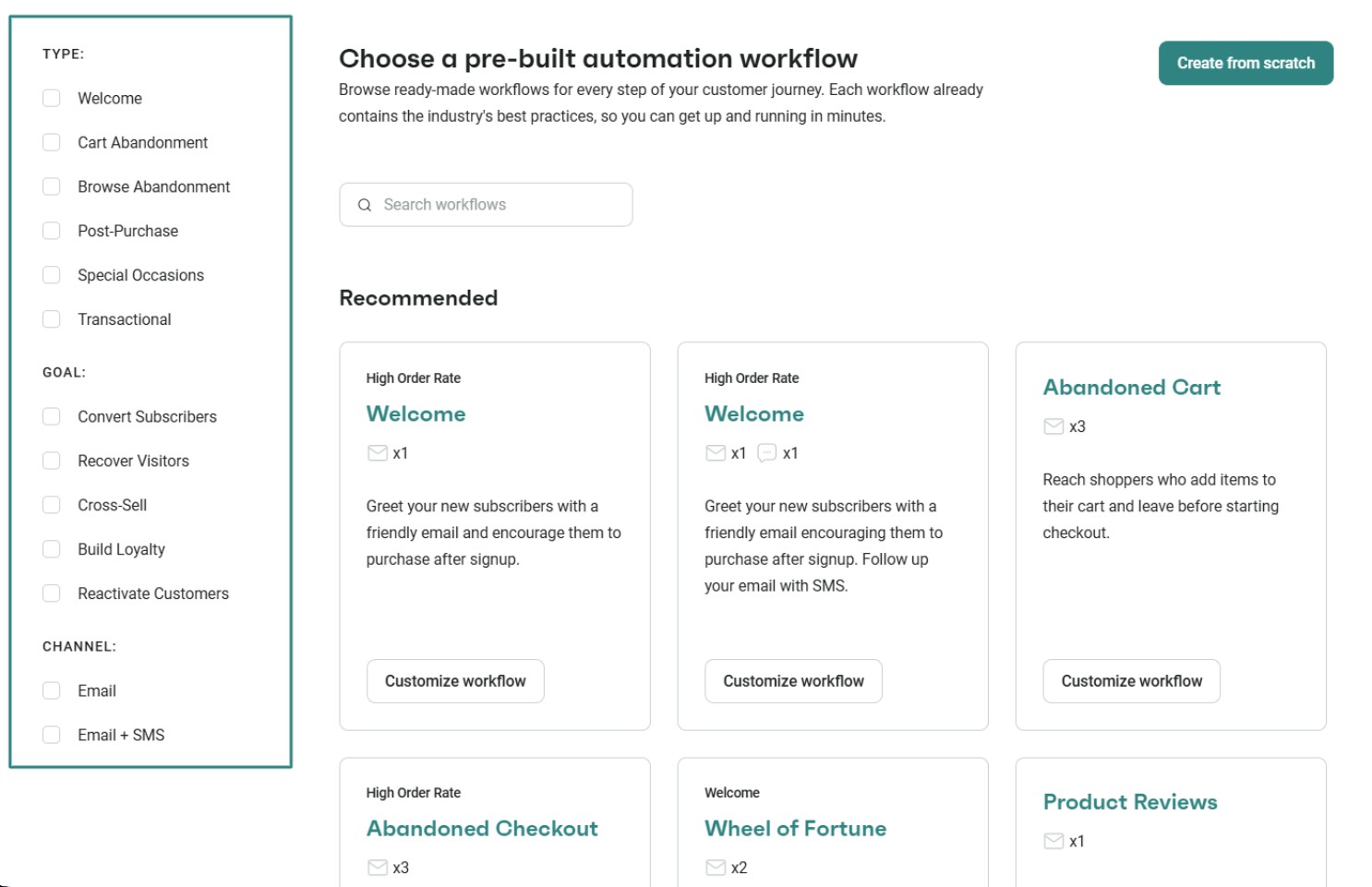 Brevo alternatives: A webpage displays options for pre-built automation workflows, with filters on the left for type and channel. The main area shows workflow cards such as Welcome, Abandoned Cart, and Abandoned Checkout.