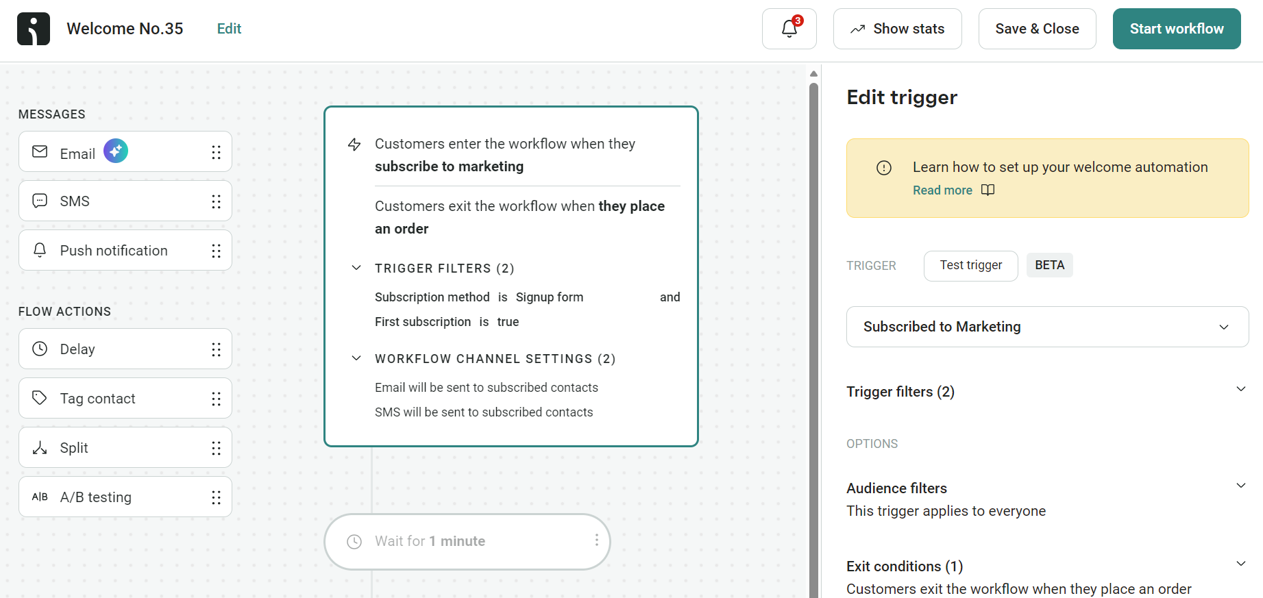 How to send a link in a text: A workflow automation setup screen shows triggers and settings for a marketing email flow, including options for entry, exit, filters, and channels. A sidebar displays sections for emails, conditions, and workflow actions.