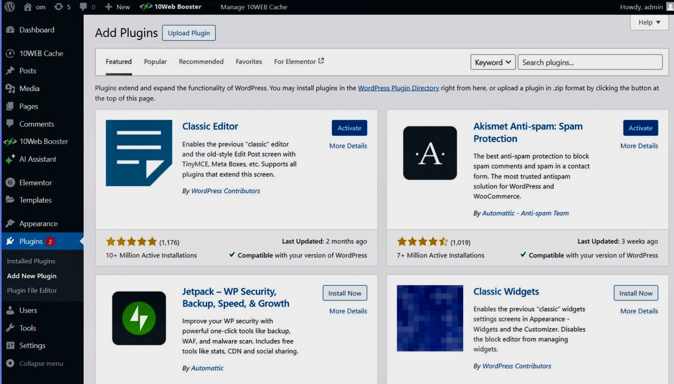 WordPress emails going to spam: Screenshot of a WordPress dashboard showing the “Add Plugins” page, featuring plugins like Classic Editor, Akismet Anti-Spam, Jetpack, and Classic Widgets, each with an activate button and plugin details.