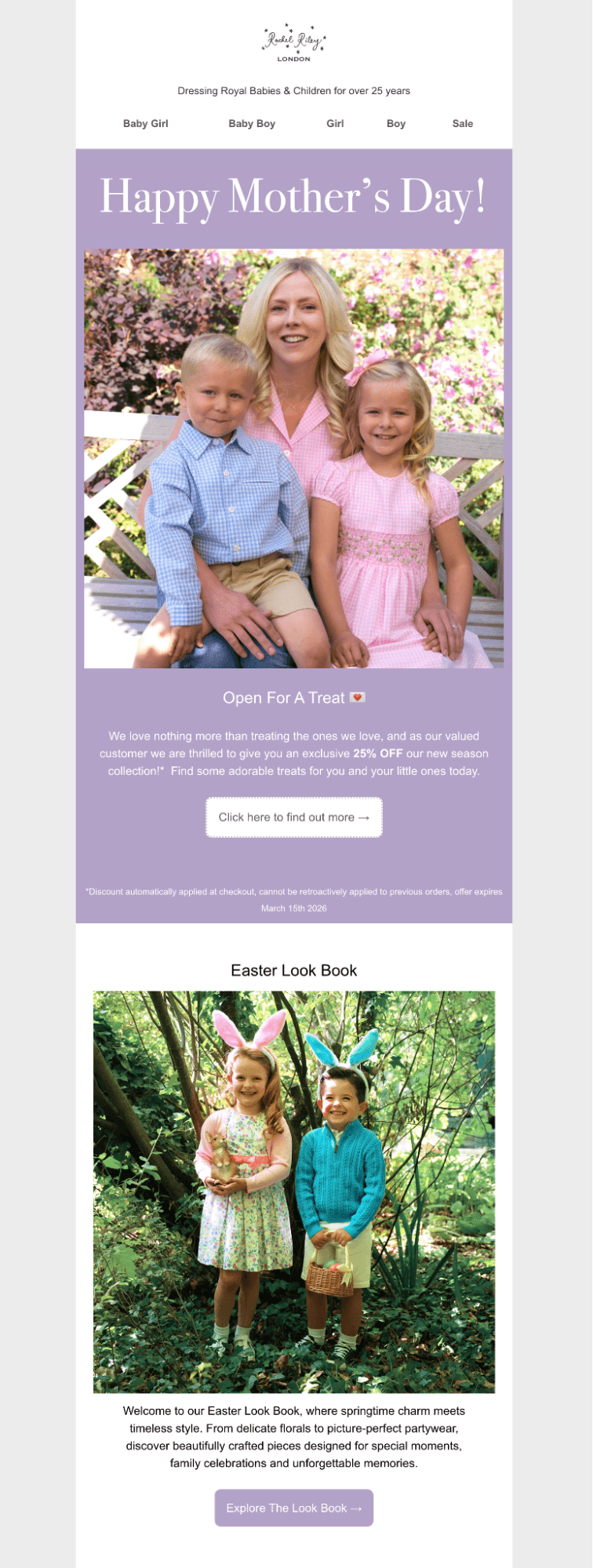 May newsletter ideas: A Mothers Day-themed email features a smiling mother with her two young children on a bench, and below, two kids in Easter attire wearing bunny ears, surrounded by spring greenery.