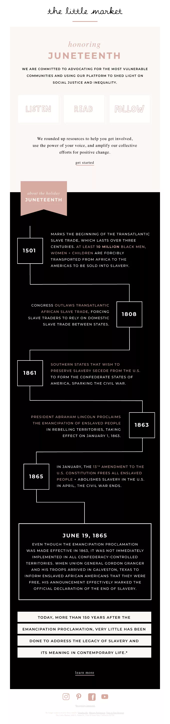 June newsletter ideas: An infographic titled Honoring Juneteenth explains its history and significance, showing key events from 1861 to 1865 and highlighting that Juneteenth marks the end of slavery in the United States on June 19, 1865.